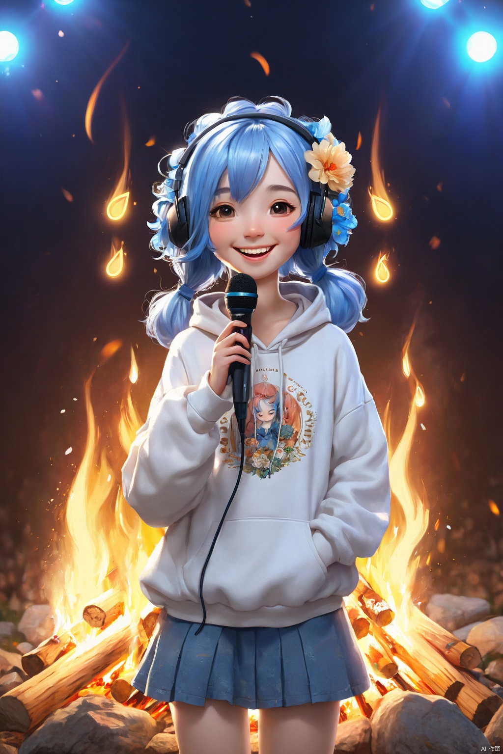  Masterpiece,highest quality,realistic,very fine and fine details,high resolution,8K,
hubg\(haixiaoqiong)\, 1girl, smile,blue hair,hair flower, 
(rock music, microphone, Hoodies, bonfires, stage, lights:1.3), HUBG_Film_Texture, HUBG_Rococo_Style(loanword)