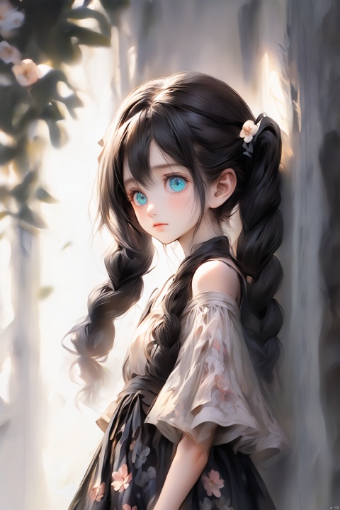 score_9, score_8_up, score_7_up, score_6_up, a a young girl with a serene expression. Her long, dark hair is neatly braided into two pigtails, falling down her shoulders. She is wearing a floral dress, adding a touch of innocence to her appearance. Her eyes, full of depth and emotion, are the main focus of the image. The background is a blurred wall, providing a stark contrast that accentuates the details of her face and the dress. The image does not contain any discernible text. The girl's position relative to the background suggests she is standing in front of it. The photograph beautifully encapsulates a moment of quiet contemplation and youthful innocence.