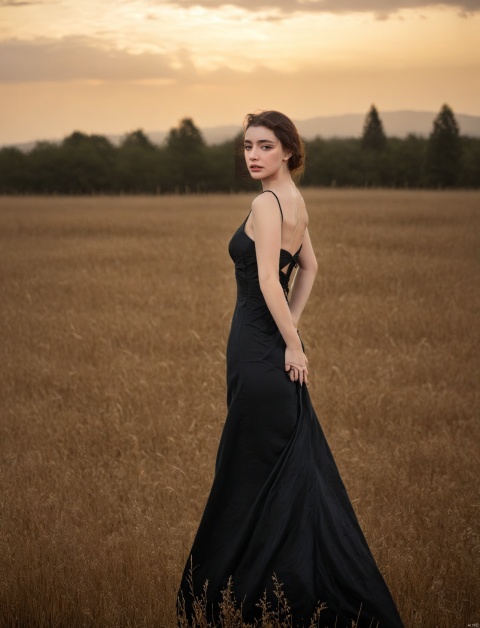  elegant woman in a black evening gown standing in a field, overcast sky, dusk, solitary and mysterious atmosphere, graceful yet melancholic posture, high-quality digital photography, soft lighting, outdoor, natural landscape, dramatic, emotional tension, best quality, ultra highres, original, extremely detailed, perfect lighting, Dasha Taran