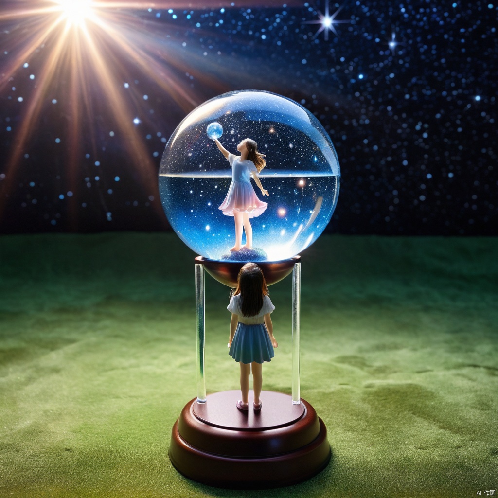  A girl,Stand on the ground,twinkle, crystal, Dreamy, Surreal, celestial globe, glowing light, super detail, award winning, best quality, high details,hell, keaiduo