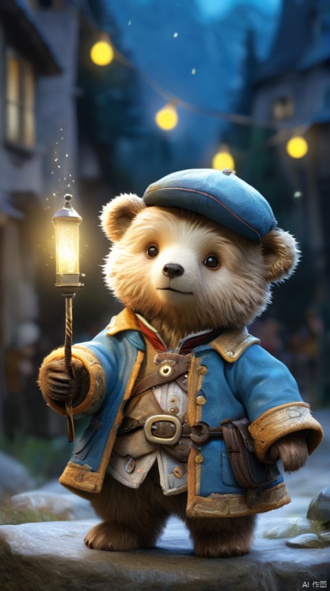  Hyper-detailed painting, Jean-Baptiste Monge style, The cute little brave bear is in the novice village, wearing adventurer clothes, splash, glittering, cute and adorable, filigree, lights, fluffy, magic, surreal, fantasy, digital art, ultra hd, hyper-realistic illustration, vivid colors, UHD, cinematic perfect light, greg rutkowski, 3DIP, tr mini style