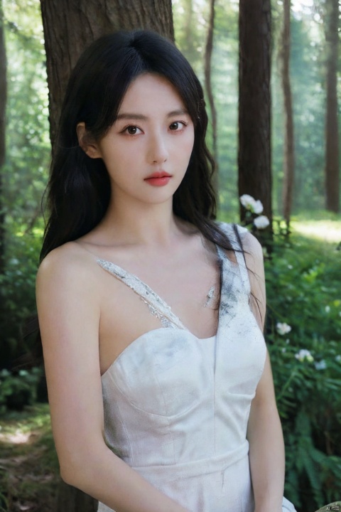  (realistic), (hyperrealism),best quality, masterpiece,ultra high res, (photorealistic:1.4),1girl,pale skin,skinny,(looking at viewer:2), ,forest, flowers, sunlight,
 , (tattered) wedding dress , bare shoulders, upper body,