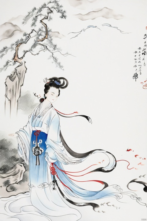  hanfu,whorledclouds,eyesclosed,古风,披帛,祥云,scales, Chinese style,ink wash painting, Shinv