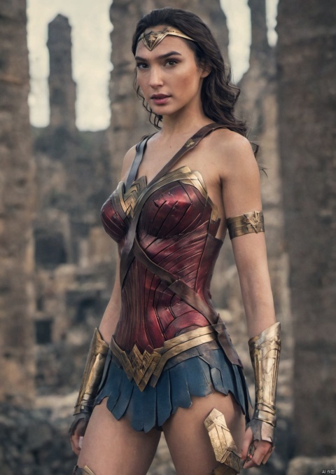  wearing wonder woman suit , background ancient ruins, bokeh, epic (photo, studio lighting, hard light, sony a7, 50 mm, matte skin, pores, colors, hyperdetailed, hyperrealistic) ,Gal Gadot