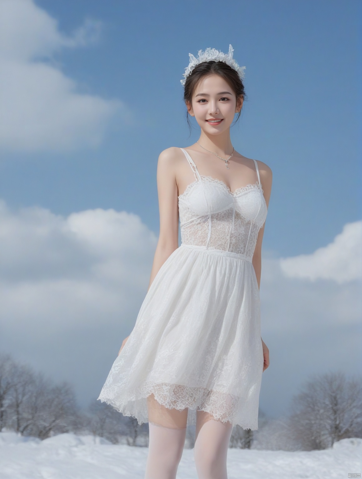  Realistic, masterpiece, highest quality, high resolution, extreme details, 1 girl, solo, bun, headdress, delicate eyes, beautiful face, shallow smile, delicate necklace, suspender dress, white lace dress, light gauze, snow-white skin, delicate skin texture, silver bracelet, pantyhose, high heels, elegant standing, outdoor, blue sky, white clouds, flowers, flowers, grass, movie light, light, light tracking, (Nikon AF-S 105mm f / 1.4E ED),