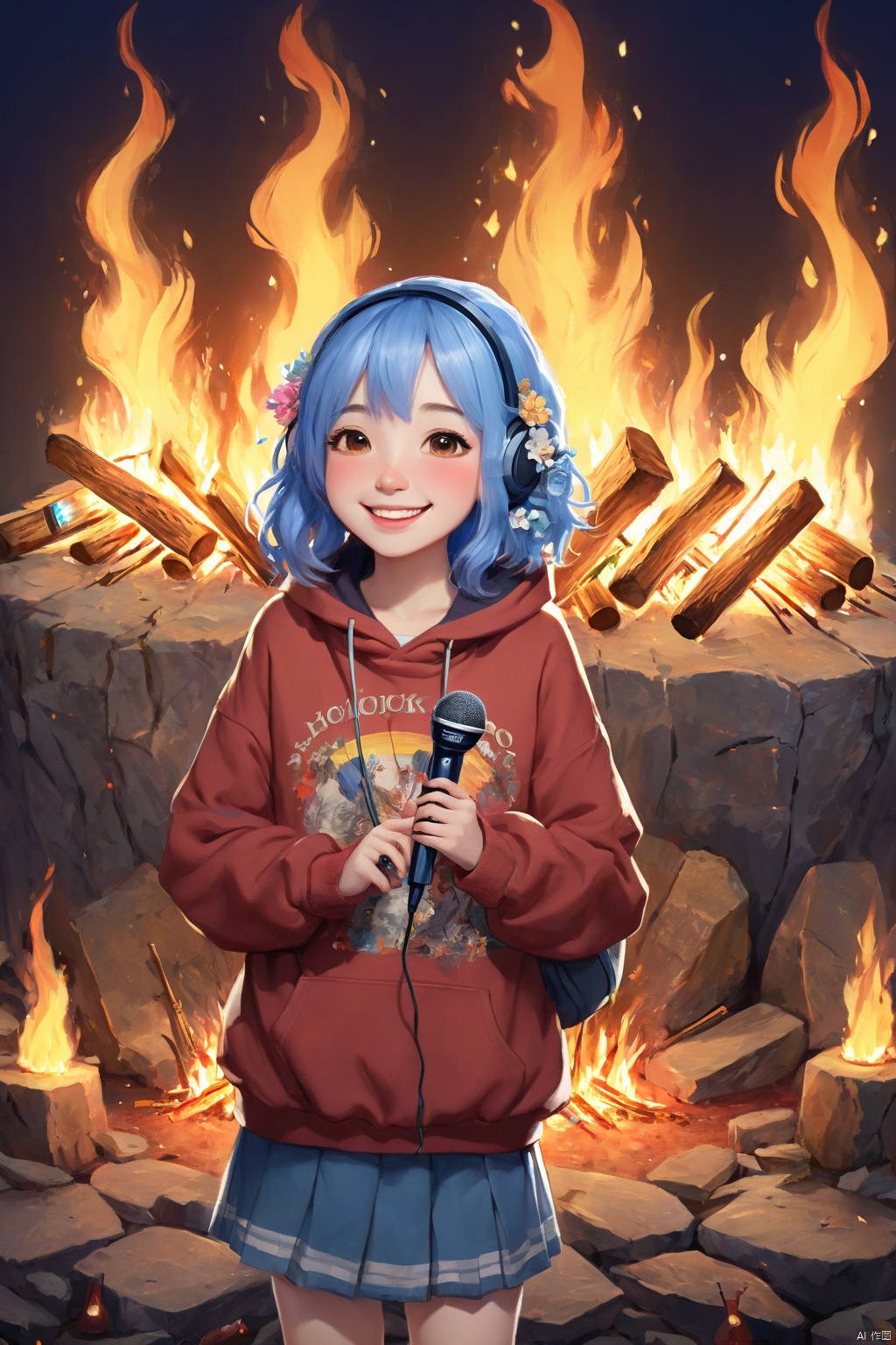  Masterpiece,highest quality,realistic,very fine and fine details,high resolution,8K,
hubg\(haixiaoqiong)\, 1girl, smile,blue hair,hair flower, 
(rock music, microphone, Hoodies, bonfires, stage, lights:1.3), HUBG_Film_Texture, HUBG_Rococo_Style(loanword)