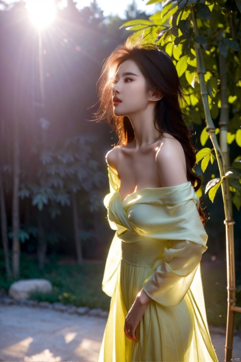  (original), (very detailed wallpaper), (masterpiece), photographic reality, realistic, best illumination, best shadow, an extremely delicate and beautiful, 1girl, mole under eye(1.5), Bamboo forest, Suzhou Small Courtyard, Face the camera., Bohemian beach dress, Improved Hanfu, Pattern, solo, breasts, bare shoulders, looking at viewer, medium breasts, brown eyes, parted lips, black hair, collarbone, upper body, brown hair, Epic Light and Shadow, very wide shot, dynamic pose, half body, solo, long hair, flower, cleavage, panorama, letterboxed, lens flare, bokeh, drop shadow, anaglyph, ray tracing, cinematic lighting, reflection light, chiaroscuro, cowboy shot, from side, from below, wide shot, vanishing point, atmospheric perspective, 8K