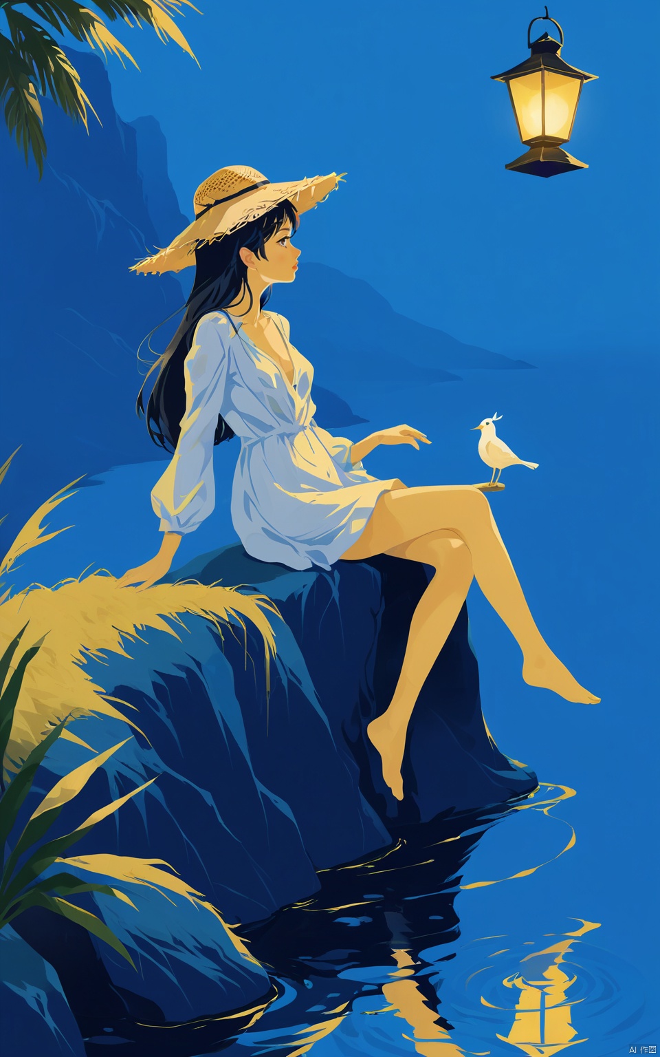  (masterpiece), (best quality),1girl, bird, long hair, soaking feet, hat, breasts, sitting, lantern, solo, black hair, water, barefoot, yellow eyes, open clothes, knee up, outdoors, straw hat, small breasts, looking away, thigh strap, medium breasts, animal, profile, from side, long sleeves, bangs, bare legs, dress, thighs, Illustration