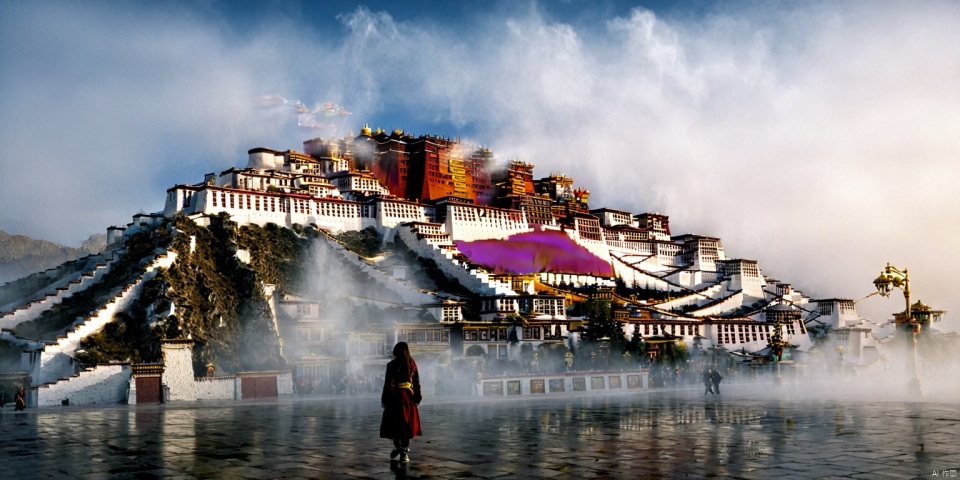  Potala palace,(((masterpiece, best quality))), ((good structure, Good composition, good atomy)), ((clear, original, beautiful)),Lhasa, Potala Palace,1girl,long hair,fantasy,A girl stood,rawphoto, dusk, foggy, magnificent buildings, city streets, potala palace