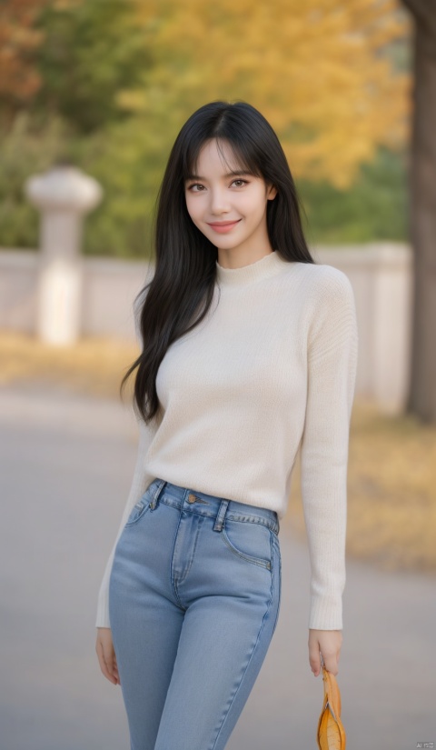  1girl, smiling,Realistic movie lighting,grey turtleneck sweater(((skindentation),(skin tight)),ultradetailed,8K,detailed face,photorealistic,1girl,long hair,solo,fullbody,complex background, look at the viewer, detailedbackground,sweating details,realistic, fullbody,long legs,real,Lacrimal nevus,realism, Delicate glowing skin,masterpiece,bestquality,distant view,depth of field,dynamic perspective,Perfectly proportioned figure,Detailed skin description, black jeans,street,daytime,good weather,Disneyland Park in the background, autumn yellow leaves