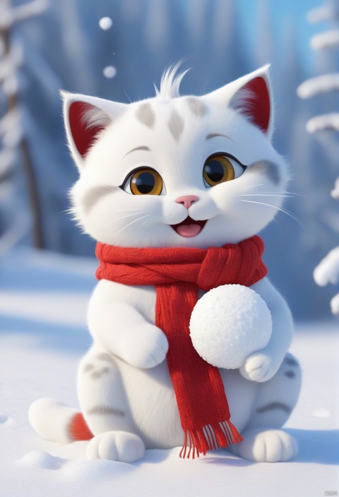  A cute cartoon cat sits in the snow, wearing a red scarf and holding a big snowball, ready to have a snowball fight with friends.