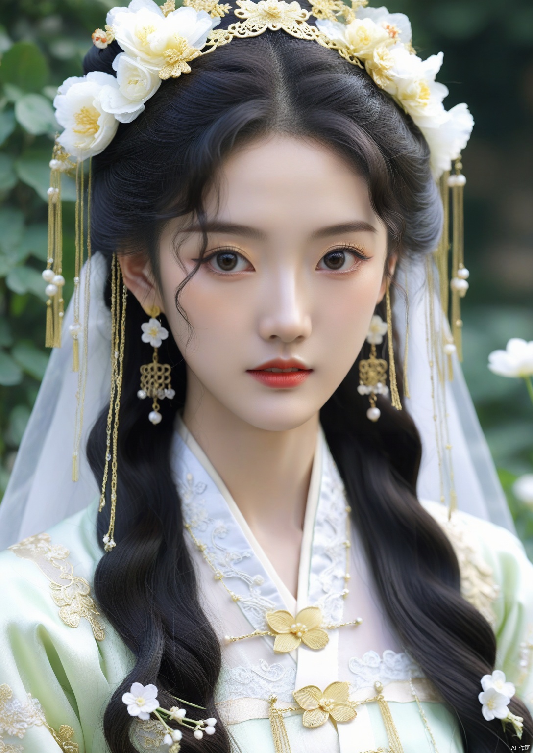  wavy hair wavy hair,Head close-up,Eyes are very delicate,ancient chinese beauties,Gorgeous lace golden white Hanfu,（（（hair accessories）））（（（veil）））,necklace,（（shiny skin））a garden with many flowers,（（（masterpiece）））, （（best quality））,（（intricatedetails））,（（surreal））（8k）,日本, girl,mask,chain