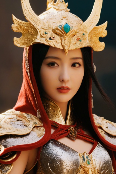  (masterpiece:1.1), (best quality:1.1),(ultra-detailed:1.1), realistic,best fingers,magnificent, epic,fantasy art, cover art, dreamy,cinematic,rich deep colors,creative, perfect, beautiful composition, intricate, perfect eyes, detailed a chinese girl, Large breasts, Chinese_armor, Women's armor,upper_body,helmet,shoulder_armor,looking at viewer,cloak, black hair,sunlight,cape,sunset, yaya