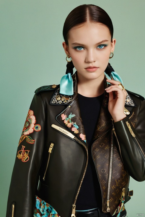  An edgy of a model with sleek ebony twin drill pigtails, kohl-rimmed aquamarine eyes staring intensely, dressed in a black Louis Vuitton motorcycle jacket with embroidered floral accents and silk scarf. Three-point lighting pops against the muted olive background, revealing fashion forward styling and lavish fabric textures.Chinese,cowboy_shot,lyf