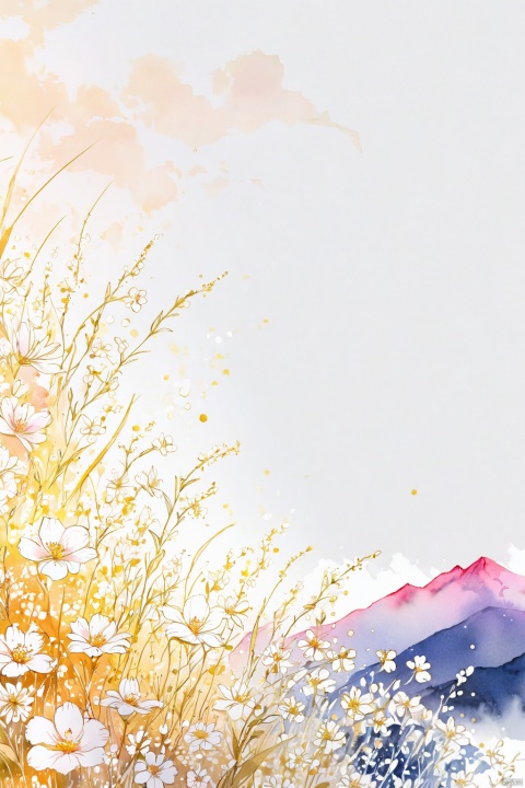  line drawing , floral, fantasy, white background, HD, anime, watercolor, ink, flowers & blossoms, golden hour, bokeh, ambient environment, epic, 4k, beautiful landscape, centered, full picture