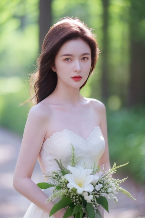  (realistic), (hyperrealism),best quality, masterpiece,ultra high res, (photorealistic:1.4),1girl,pale skin,skinny,(looking at viewer:2), ,forest, flowers, sunlight,
 , (tattered) wedding dress , bare shoulders, upper body,