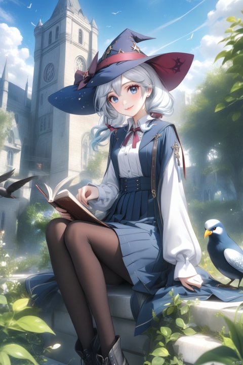  (masterpiece), (best quality), illustration, ultra detailed, hdr, Depth of field, (colorful),[pottsness],[iumu],[Sheya], Artist jszhdzcyz, 1girl, hat, elaina_(majo_no_tabitabi), solo, witch_hat, blue_eyes, long_hair, sitting, outdoors, smile, shirt, skirt, black_headwear, white_hair, book, looking_at_viewer, holding, white_shirt, hair_between_eyes, pantyhose, long_sleeves, collared_shirt, sky, boots, neck_ribbon, ribbon, closed_mouth, witch, tower, cover_image, robe, day, bird, black_footwear, brown_footwear, full_body, holding_book