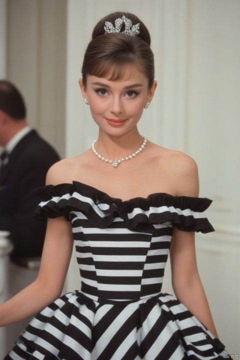  (masterpiece, best quality, hyper realistic, raw photo, ultra detailed, extremely detailed, intricately detailed), (photorealistic:1.4), (photography of Audrey Hepburn wearing a fashionable Striped off-the-shoulder ruffle hem dress, designed by Hubert de Givenchy, ), (smile), fairy, pure, innocent, beauty, (slender), super model, adr, Breakfast at Tiffany's, Sabrina, (glide_fashion),depthoffield,(fullshot),filmgrain,zeisslens,symmetrical,8kresolution,octanerender(OC渲染),extremelyhigh-resolutiondetails,finetexture,dynamicangle,fashion(时尚), fashion,,