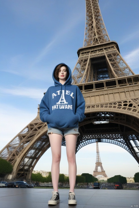 oversize hoodie, denim shorts, punkish, cinematic angle, Eiffel tower on background, Anne Hathaway