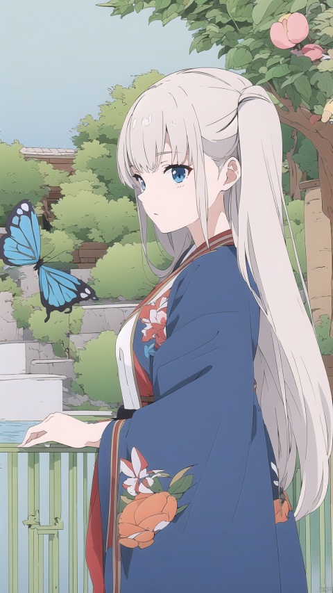  blue ru_qun,best_quality,head,original_outfit,hanfu,clear details,masterpiece, best_quality, clear details,1girl,garden background,, butterfly on finger,blue eyes,white hair,long hair,big eyes ,yuzu,liquid clothes,girl,Anime,azur lane, Chinese style, best quality, Apricot eye