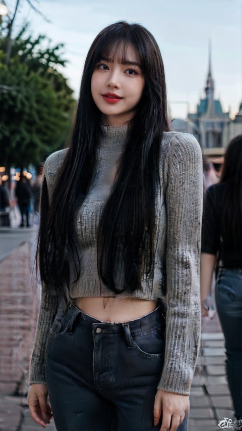  1girl, smiling,Realistic movie lighting,grey turtleneck sweater(((skindentation),(skin tight)),ultradetailed,8K,detailed face,photorealistic,1girl,long hair,solo,fullbody,complex background, look at the viewer, detailedbackground,sweating details,realistic, fullbody,long legs,real,Lacrimal nevus,realism, Delicate glowing skin,masterpiece,bestquality,distant view,depth of field,dynamic perspective,Perfectly proportioned figure,Detailed skin description, black jeans,street,daytime,good weather,Disneyland Park in the background,