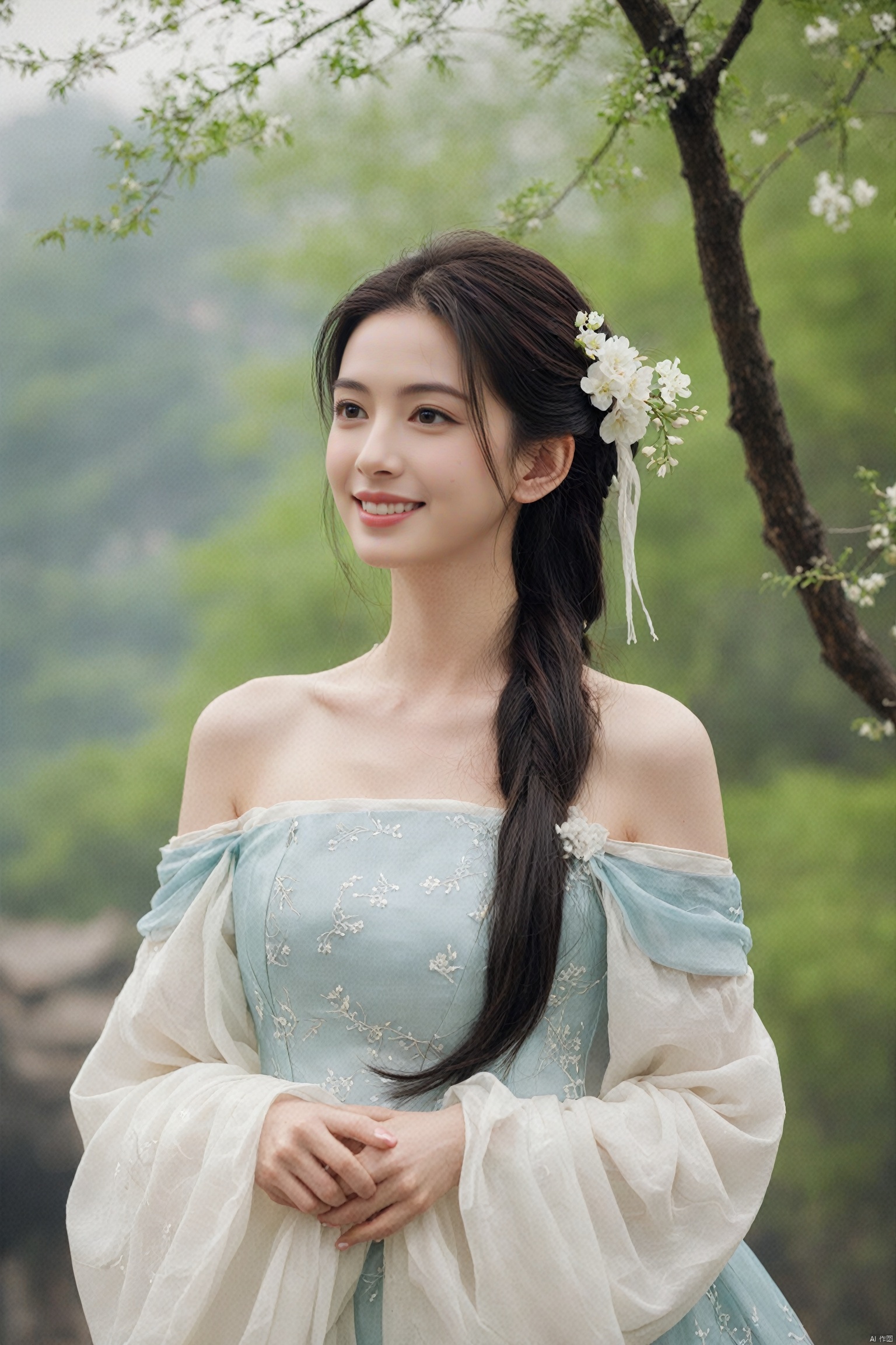  best quality, masterpiece,cowboy_shot,(Good structure),,a girl,xianjing,Off-the-shoulder, bust photo,upper body,Hanfu, Cloud, Smoke,branch,flower, smile,Gaze at the audience, Ink scattering_Chinese style, ((poakl)), ,looking_at_viewer,kind smile, , chinese dress,white dress, liuyifei,long_hair, Anne Hathaway