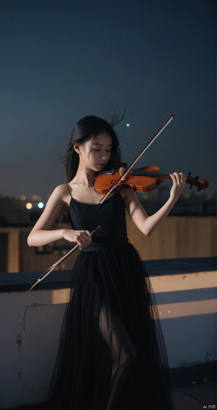  leogirl,a young girl playing the violin on the roof of a building,dark environment,in the dark,deep shadow,a very atmospheric scene,Chinese girl,slender figure,the evening breeze ruffled her hair,long black hair,blurry_foreground,depth of field,Raw photo,light through out from shadowmotion blur.Shaky Camera,flashy,dynamic posedreamy,wind,black theme,film grain,grainy,eyes closed,double exposure,tile shift,(upward perspective:1.3),(full body:1.3),flat roof,venerable roof,a cinematic atmosphere,triangular composition,(look up view:1.3),long black tulle dress,best quality,8k,hazy and beautiful,night,shoot from the bottom up,wide-angle lens,