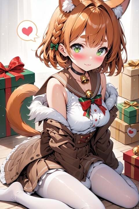  (masterpiece),(best quality),illustration,ultra detailed,hdr,Depth of field,(colorful),1girl, pantyhose, white pantyhose, animal ears, solo, gift, green eyes, bell, fur trim, white background, braid, breasts, sitting, no shoes, gift box, food, blush, frills, tail, looking at viewer, brown jacket, off shoulder, orange hair, thick eyebrows, box, simple background, heart, gloves, choker, jacket, closed mouth, neck bell, dress, sailor collar, brown skirt, medium breasts, brown sailor collar, long sleeves, short hair, bow, christmas, bare shoulders, brown dress, skirt, wariza, animal hands, candy, open clothes, full body, black choker, shirt, high-waist skirt, jingle bell, :3, hair intakes, spoken heart, white shirt, , , , , tr mini style, 3DIP