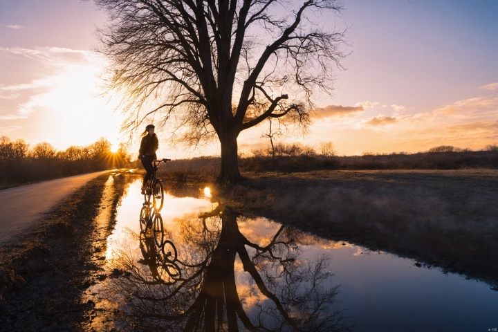 1girl, solo, outdoors, sky, cloud, tree, ground vehicle, scenery, reflection, sunset, sun, riding, bare tree, bicycle