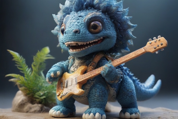  Surreality, a blue Tyrannosaurus Rex, (cute, wearing sunglasses), holding a concert, (playing lute, punk attire), rock music, 3D, C4D, smooth surface, exquisite details, mixed style, Sewing doll, 3DIP