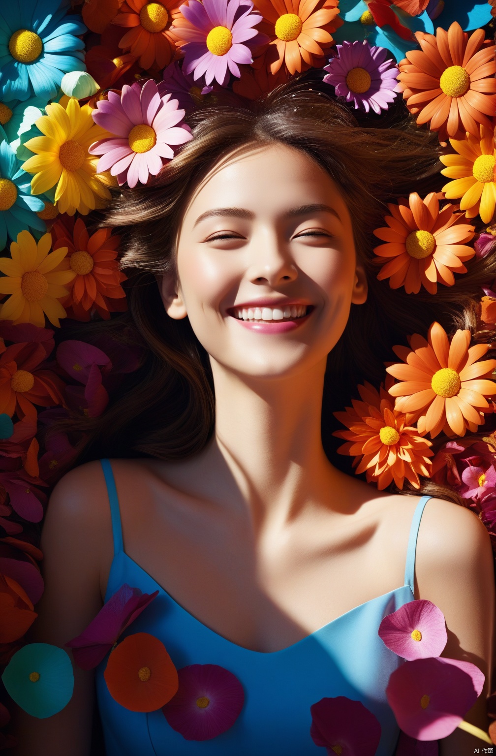  None, 1Girl, upper body, solo, smile, happiness, nostalgia, petals, surrealistic imagery, dreamy atmosphere, vibrant and contrasting colors, complex and detailed elements, cool light, deep shadows