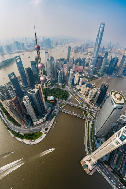  shanghai, city view, water, Ultra wide angle, (masterpiece, best quality, perfect composition, very aesthetic, absurdres, ultra-detailed, intricate details, Professional, official art, Representative work:1.3)