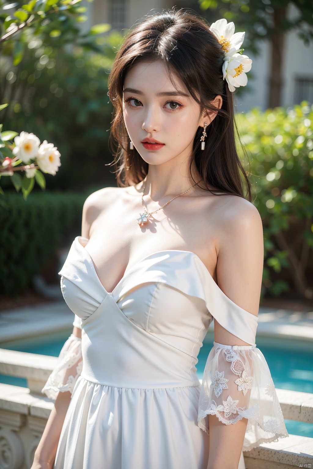  1girl, solo, looking at viewer, short hair, blue eyes, long hair,blonde hair, hair ornament, dress, large breasts, bare shoulders, jewelry, closed mouth, upper body, flower, earrings, hair flower, necklace, off shoulder, white dress, lips, white flower, gem, red lips,liuyifei