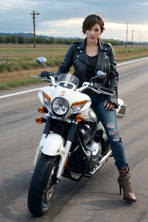  masterpiece,best quality, Realistic,Photorealistic,

Biker chick, Half length, Motorcycle rally, Shaggy black hair, Badass attitude, Leather jacket, Jeans, Rebellious, Motorcycle, Open road, Freedom and speed.