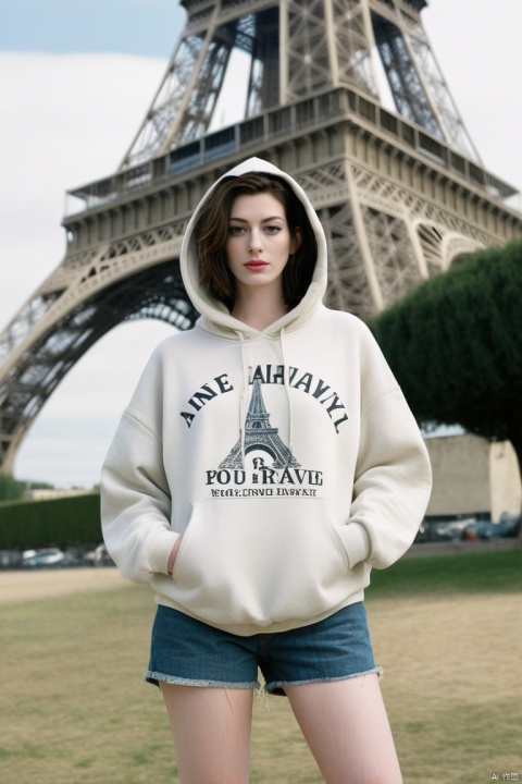oversize hoodie, denim shorts, punkish, cinematic angle, Eiffel tower on background, Anne Hathaway