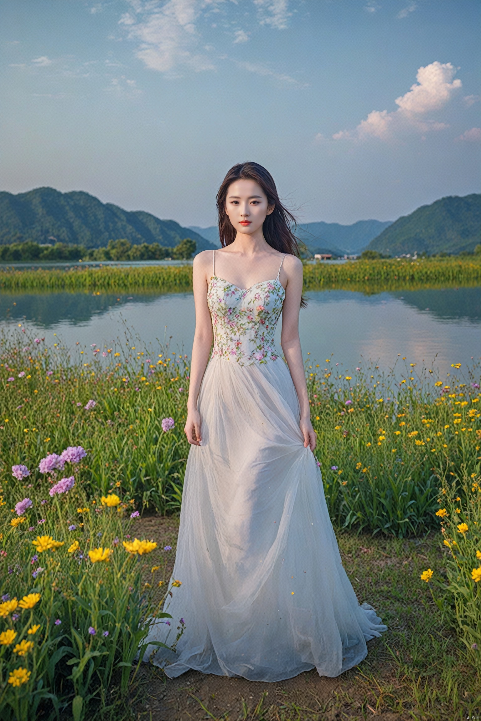  mamianqun,1girl,full body,masterpiece,best quality,outdoor field, flowers, lake in background, 32k uhd,hdr,dtm,cinematic lighting effects,wide shot,wide-angle lens,super vista,super wide angle,exquisite facial features,super delicate face,liuyifei