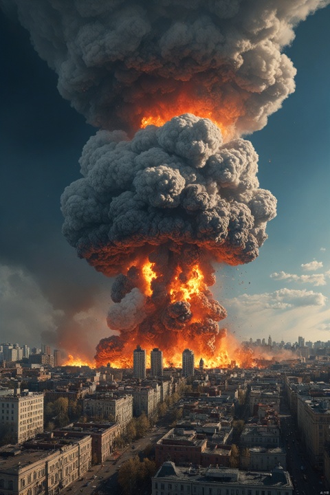  A Detailed Sinister,extremely high resolution of Nuclear attack on a Moscow city,Chesley Bonestell,The nuclear Apocalypse cinematic James Cameron,Mushroom cloud in the background from a ground based nuclear explosion,a fiery pressure wave destroying buildings,Perfect,high detail,fire and dark color scheme with deep saturation,artstation,Photograph Taken on Nikon D750,Intricate,Digital Illustration,Scenic,HyperRealistic,HyperDetailed,Unreal Engine,CryEngine,Octane render,8K,deep color,Cinematic Lighting,intricate,smooth,sharp focus,digital painting,blue and red as complementary colours,Apocalyptic war,light and shadow,three-dimensional lighting,combination of various colors and shades,Digital Illustration,Intricately Designed buildings city,Intricate,Intricate cinematic lighting,Digital Illustration,