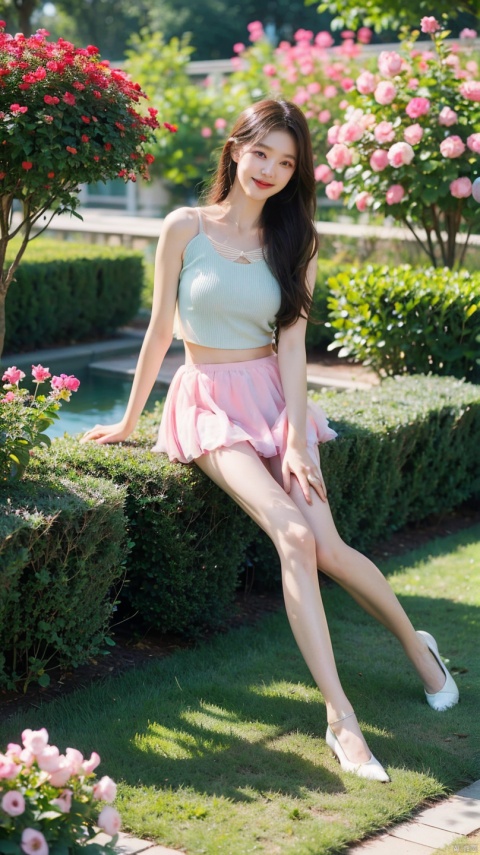  1girl breathtaking 8k, masterpiece, perfect beautiful chinese sexy girl, (pastel cotton candy pink), full body, vibrant, vivid, (short skirt), petticoat, (flowers), chiffon, sheer, light smile, bloom, bokeh, ((pearlescent)) . award-winning, professional, highly detailed Sitting with legs spread, revealing underwear on the grass, Among colorful flowers garden, mountains, and rivers, 1 girl