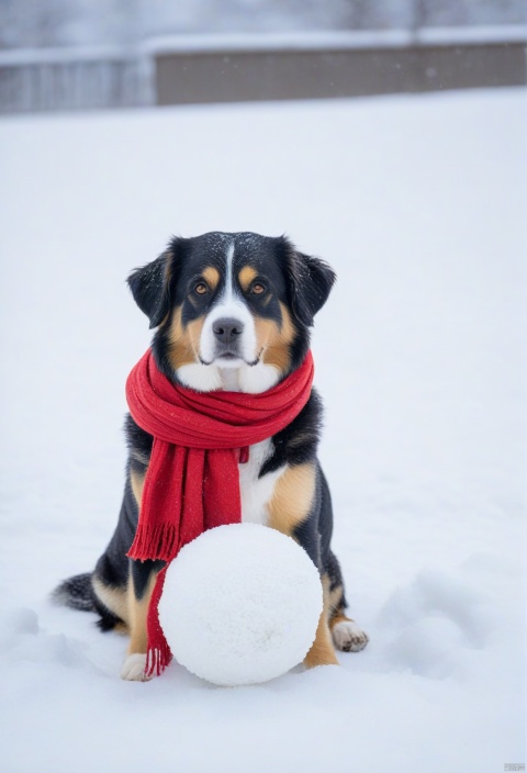  A cute dog sits in the snow, wearing a red scarf and holding a big snowball, ready to have a snowball fight with friends.