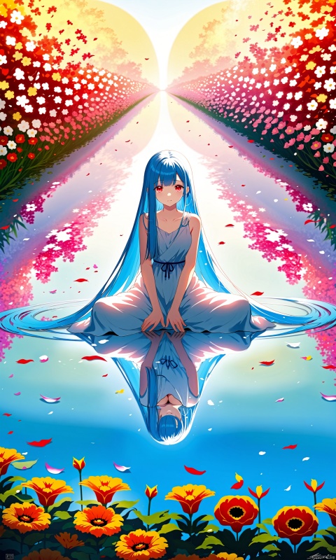  best quality,masterpiece,illustration,(reflection light),incredibly absurdres,(Movie Poster),(signature:1.3),(English text:1.3),1girl,girl middle of flower,pure skyblue hair,red eyes,clear sky,outside,collarbone,sitting,absurdly long hair,clear boundaries of the cloth,white dress,fantastic scenery,ground of flowers,thousand of flowers,colorful flowers,flowers around her,various flowers,