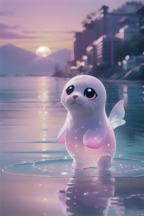  Cute pink seal, translucent pink PVC body, under the sunset, the scenery of Sanya, beautiful light and shadow