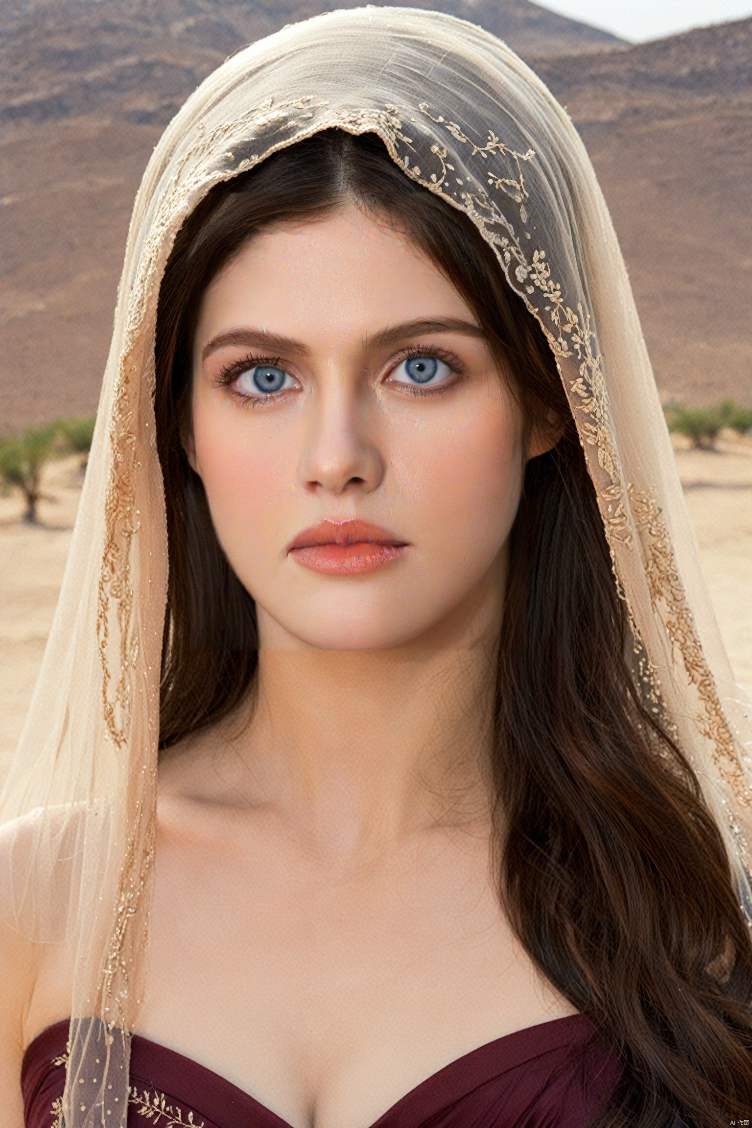 This image shows a close-up of an ethereal-looking young woman with long dark hair falling over her shoulders, blue eyes, her head adorned with a transparent scarf or veil, with the desert in the background, her The complexion was impeccable, with earthy tones on the lids and soft peach on the lips complementing the subtle makeup. She rests her face gently on her hands, exudes calm and poise, wears a burgundy embroidered gown, photo realistic, best quality, super high resolution, extremely detailed eyes and face, full body showing face audience,Alexandra Daddario