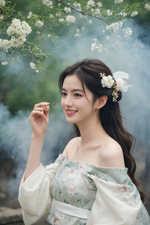  best quality, masterpiece,cowboy_shot,(Good structure),,a girl,xianjing,Off-the-shoulder, bust photo,upper body,Hanfu, Cloud, Smoke,branch,flower, smile,Gaze at the audience, Ink scattering_Chinese style, ((poakl)), ,looking_at_viewer,kind smile, , chinese dress,white dress, liuyifei,long_hair, Anne Hathaway