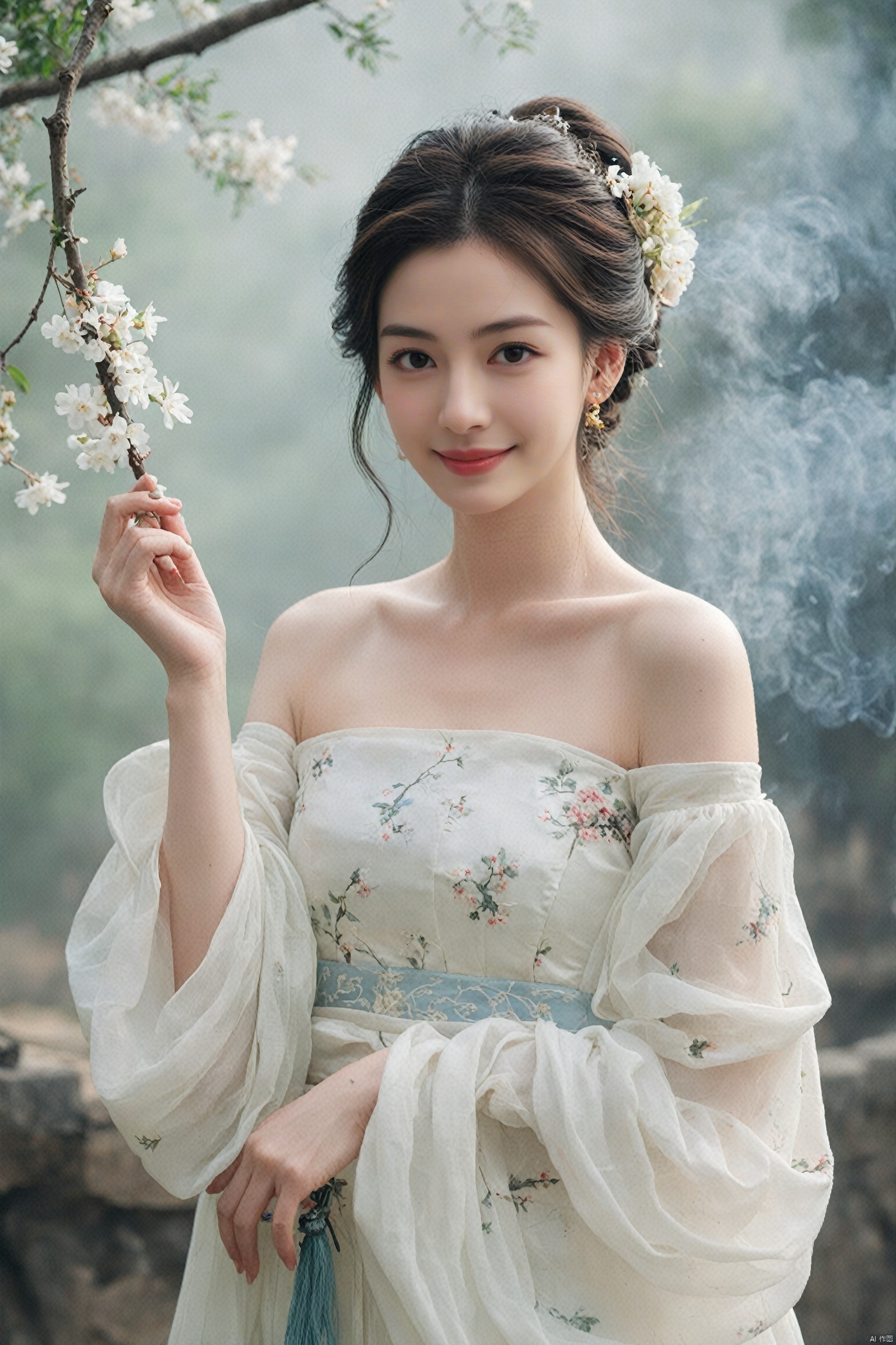  best quality, masterpiece,cowboy_shot,(Good structure),,a girl,xianjing,Off-the-shoulder, bust photo,upper body,Hanfu, Cloud, Smoke,branch,flower, smile,Gaze at the audience, Ink scattering_Chinese style, ((poakl)), ,looking_at_viewer,kind smile, , chinese dress,white dress, liuyifei,long_hair, Anne Hathaway