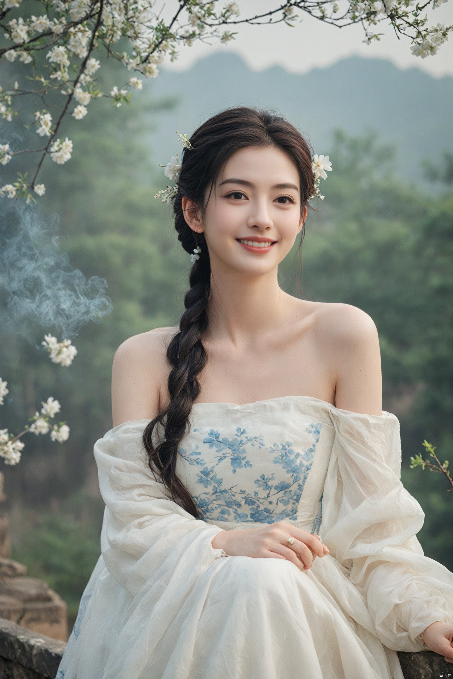  best quality, masterpiece,cowboy_shot,(Good structure),,a girl,xianjing,Off-the-shoulder, bust photo,upper body,Hanfu, Cloud, Smoke,branch,flower, smile,Gaze at the audience, Ink scattering_Chinese style, ((poakl)), ,looking_at_viewer,kind smile, , chinese dress,white dress, liuyifei,long_hair, Anne Hathaway