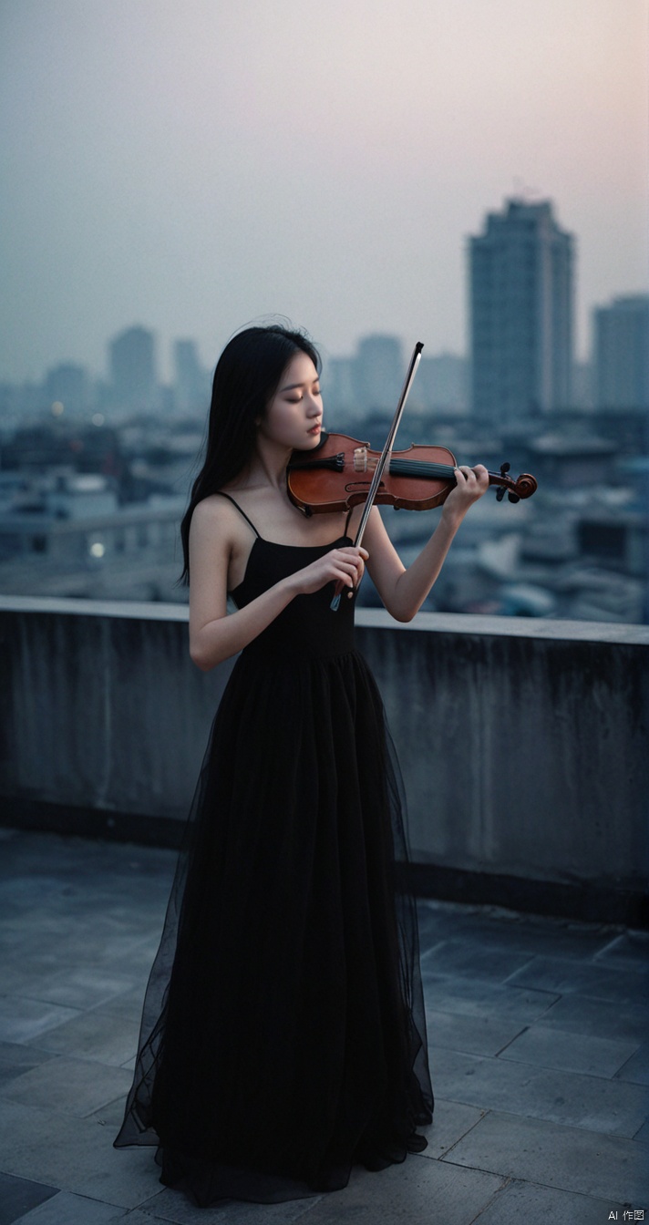  leogirl,a young girl playing the violin on the roof of a building,dark environment,in the dark,deep shadow,a very atmospheric scene,Chinese girl,slender figure,the evening breeze ruffled her hair,long black hair,blurry_foreground,depth of field,Raw photo,light through out from shadowmotion blur.Shaky Camera,flashy,dynamic posedreamy,wind,black theme,film grain,grainy,eyes closed,double exposure,tile shift,(upward perspective:1.3),(full body:1.3),flat roof,venerable roof,a cinematic atmosphere,triangular composition,(look up view:1.3),long black tulle dress,best quality,8k,hazy and beautiful,night,shoot from the bottom up,wide-angle lens,