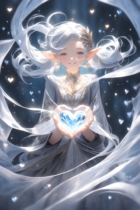  1girl, solo, heart_hands, twintails silverhair, silver skirt, elf, pointy ears, earring, pantyhose, intricate detail borders, Minimalistic ice background, face partially obscured in the style of flowing fabric, enigmatic and mysterious atmosphere, laughing
