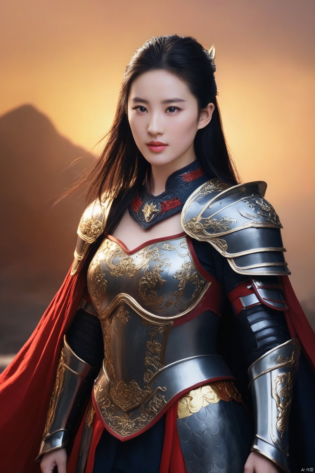  (masterpiece:1.1), (best quality:1.1),(ultra-detailed:1.1), realistic,best fingers,magnificent, epic,fantasy art, cover art, dreamy,cinematic,rich deep colors,creative, perfect, beautiful composition, intricate, perfect eyes, detailed a chinese girl, Large breasts, Chinese_armor, Women's armor,upper_body,helmet,shoulder_armor,looking at viewer,cloak, black hair,sunlight,cape,sunset,liuyifei