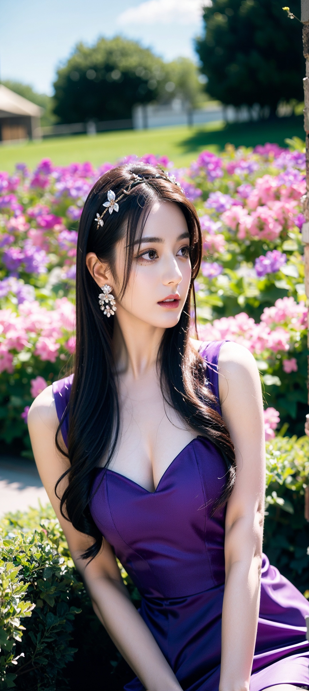  1 girl, solo, upper body, long hair, looking at the audience, purple hair, hair accessories, thighs, dress, sitting on the ground, purple hair, flower field, earrings, sky, purple dress, jiziyue
