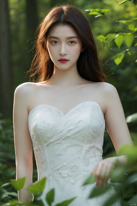  (realistic), (hyperrealism),best quality, masterpiece,ultra high res, (photorealistic:1.4),1girl,pale skin,skinny,(looking at viewer:2), ,forest, flowers, sunlight,
 , (tattered) wedding dress , bare shoulders, upper body,